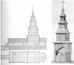 Афанасьевская Верх-Кокшеньгская церковь. Разрез, план и восточный фасад.